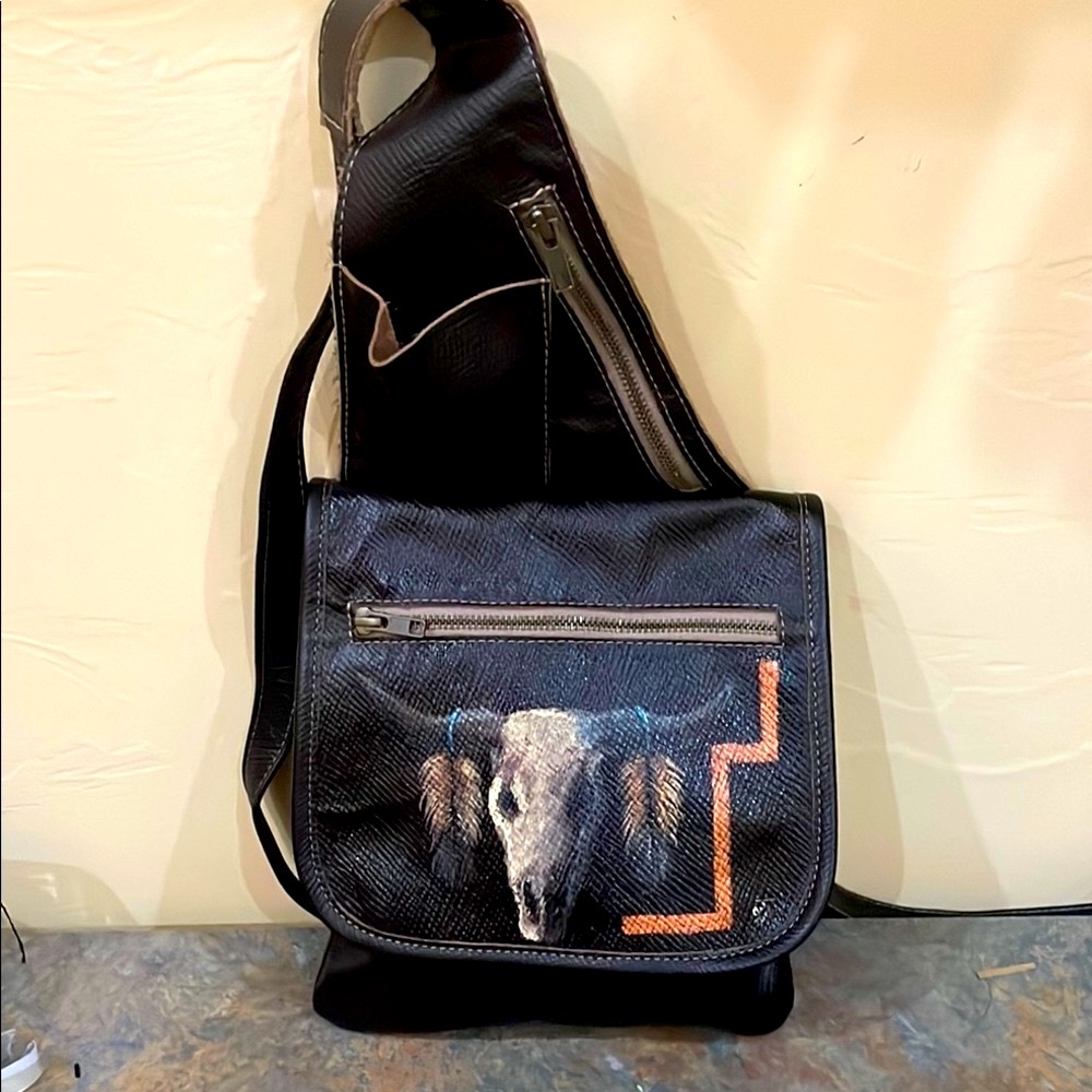 Brown Leather Sling Bag with Hand Painted Art - Unisex